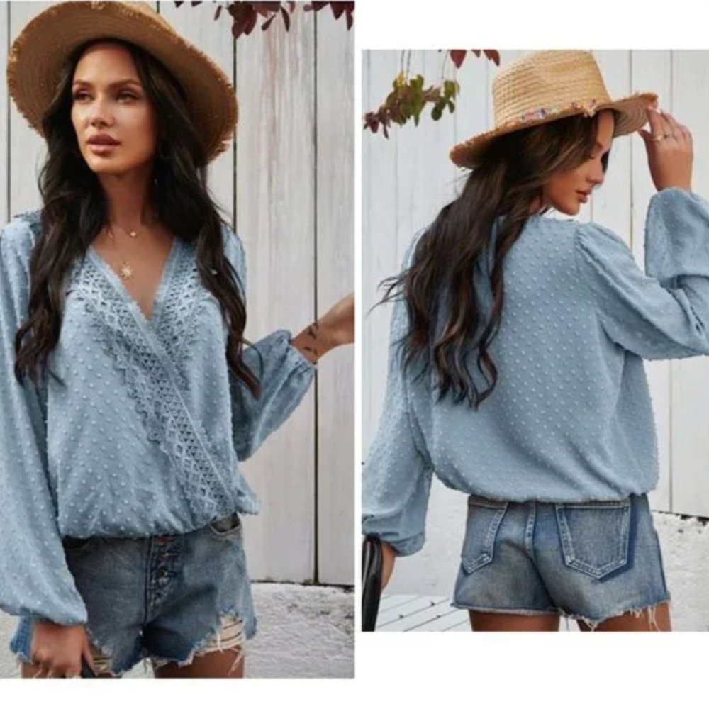 Blue dotted faux wrap lacy long sleeve sheer blouse size L, new